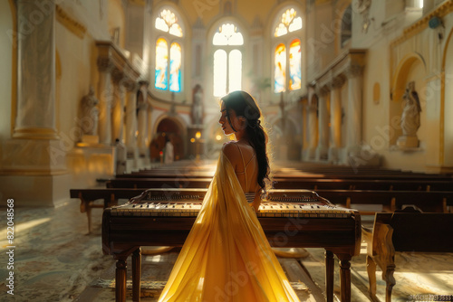 young beautiful indian woman playing piano photo