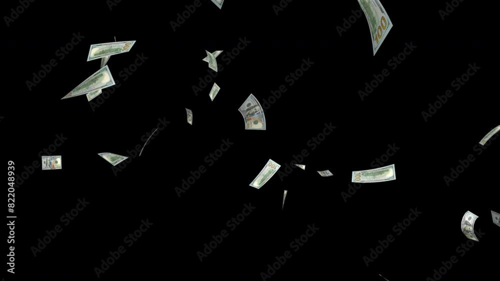 Falling Dollar banknotes on alpha channel background. Business finance American dollar money concept.