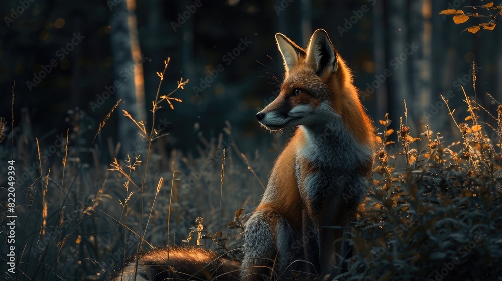 Obraz premium A fox sitting in the middle of a forest. Suitable for nature and wildlife themes