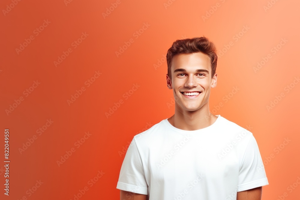 Coral background Happy european white man realistic person portrait of young beautiful Smiling man good mood Isolated on Background Banner with copyspace blank