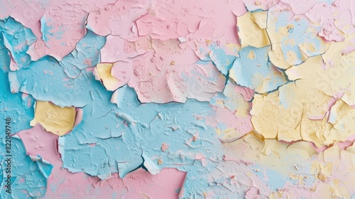Colorful pastel paint on the torn, peeling wall with an old textured background.