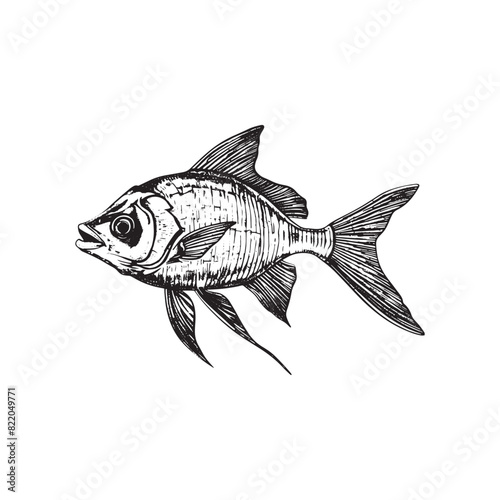 black and white hand drawn illustration of fish isolated on white.