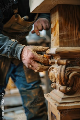 Close-up of a person working on a piece of wood. Suitable for woodworking or carpentry concepts