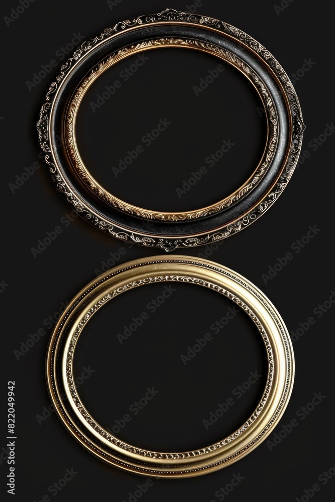 Elegant set of three oval gold frames on a sleek black background. Perfect for adding a touch of sophistication to any design project Elegant set of three oval gold frames on a sleek black background. Perfect for adding a touch of sophistication to any design project