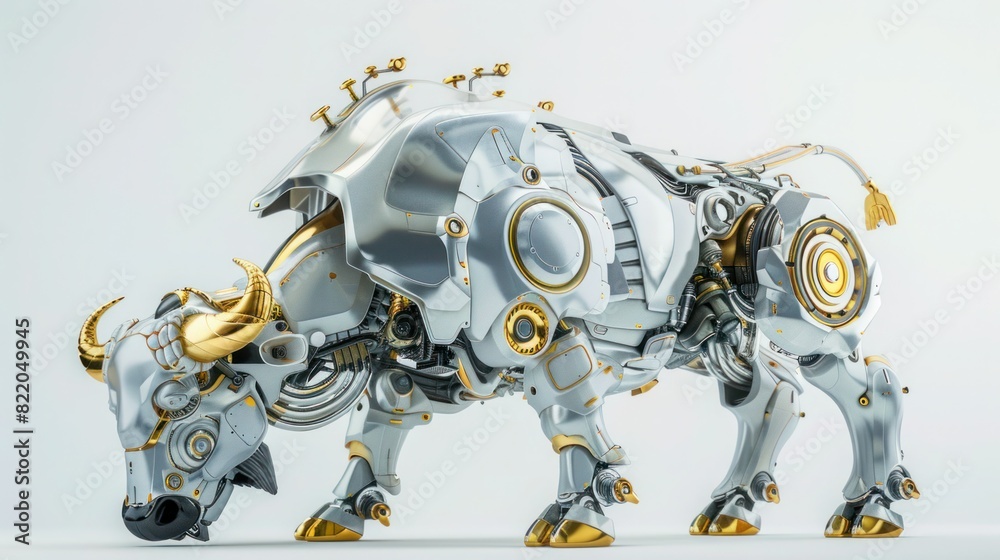 Golden and silver buffalo robot on white Golden and silver buffalo robot on white