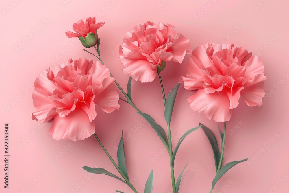 Three beautiful pink carnations on a soft pink background. Perfect for floral designs or greeting cards Three beautiful pink carnations on a soft pink background. Perfect for floral designs or greeting cards