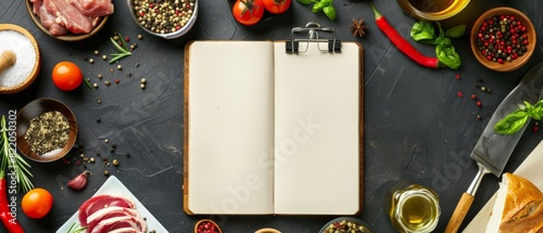 Blank recipe book with ingredients on dark background.