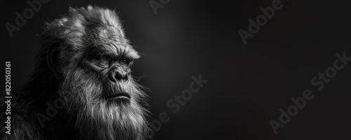 Realistic humanlike bigfoot face portrait banner. Black and white Sasquatch woodbooger isolated on black background. photo