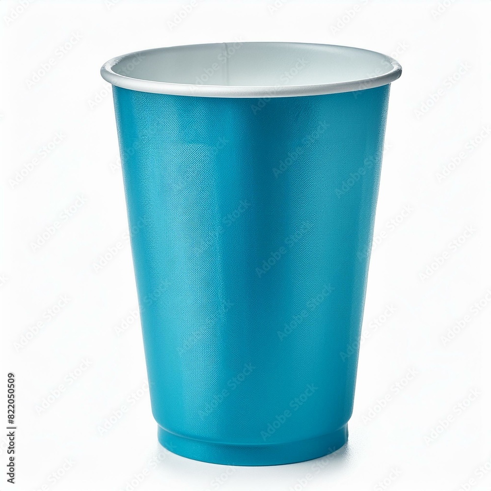 Empty new cyan plastic cup, disposable, isolated on white, clipping path, side view Empty new cyan plastic cup, disposable, isolated on white, clipping path, side view