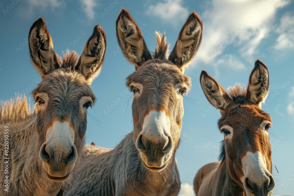 A group of donkeys standing together, suitable for various projects A group of donkeys standing together, suitable for various projects