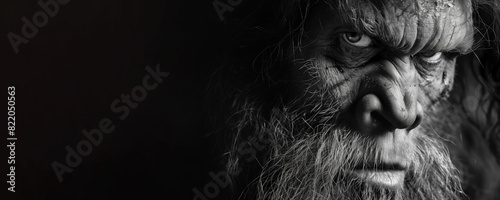 Realistic humanlike bigfoot face portrait banner. Black and white Sasquatch woodbooger isolated on black background.