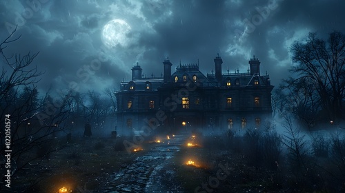 Haunted Mansion Unveiled on Moonlit Autumn Night Exuding Halloween Eerie and Spooky Nostalgia