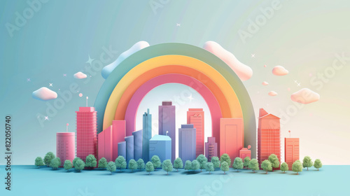 Creative illustration of a modern cityscape with tall buildings  vibrant rainbow  and lush green trees against a pastel sky.