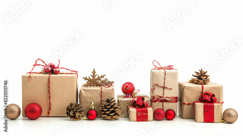 Christmas staff and gift boxes isolated on white colle photo