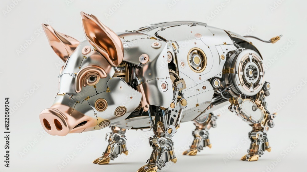 Fototapeta premium pig robot. Gold and silver colors on a white background