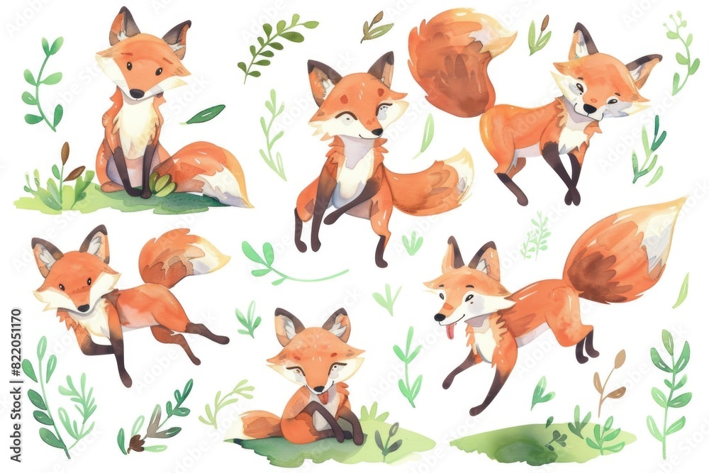 Fototapeta premium A collection of watercolor foxes in various poses. Perfect for nature-themed designs
