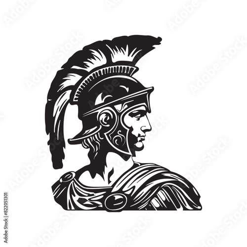 Black and white gladiator helmet vintage ink drawing vector illustration for t-shirt design