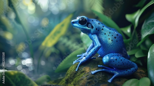 A blue frog perched on a tree branch. Suitable for nature and wildlife themes photo