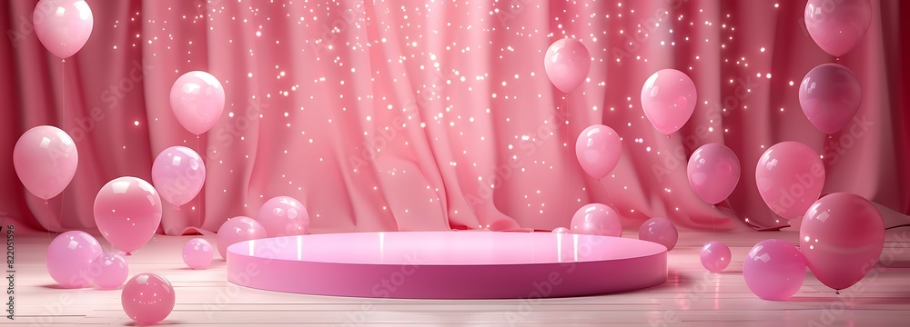Pink podium background balloon 3d product display pastel stage day birthday ball gift. Podium platform abstract pink background love mother party color sale mom round happy room stand box cosmetic