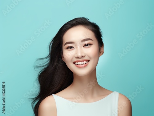 Cyan Background Happy Asian Woman Portrait of Beautiful Older Mid Aged Mature Smiling Woman good mood Isolated Anti-aging Skin Care Face Beauty Product Banner 