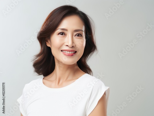 Cream Background Happy Asian Woman Portrait of Beautiful Older Mid Aged Mature Smiling Woman good mood Isolated Anti-aging Skin Care Face Beauty Product Banner  © Zickert