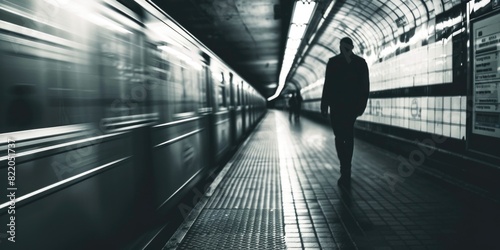 A man walking down a subway platform. Suitable for transportation concepts