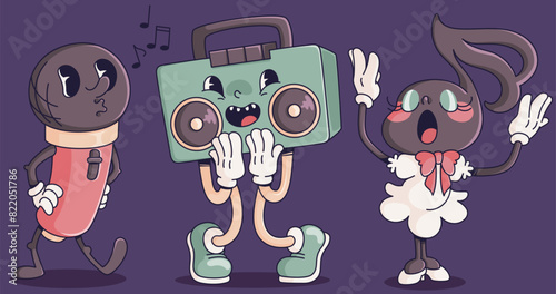 Retro 90s music disco dj character cartoon vector. Comic funny 80s radio mascot with vintage microphone equipment smile icon. Funky and groovy dance element for techno or rap cool karaoke sound