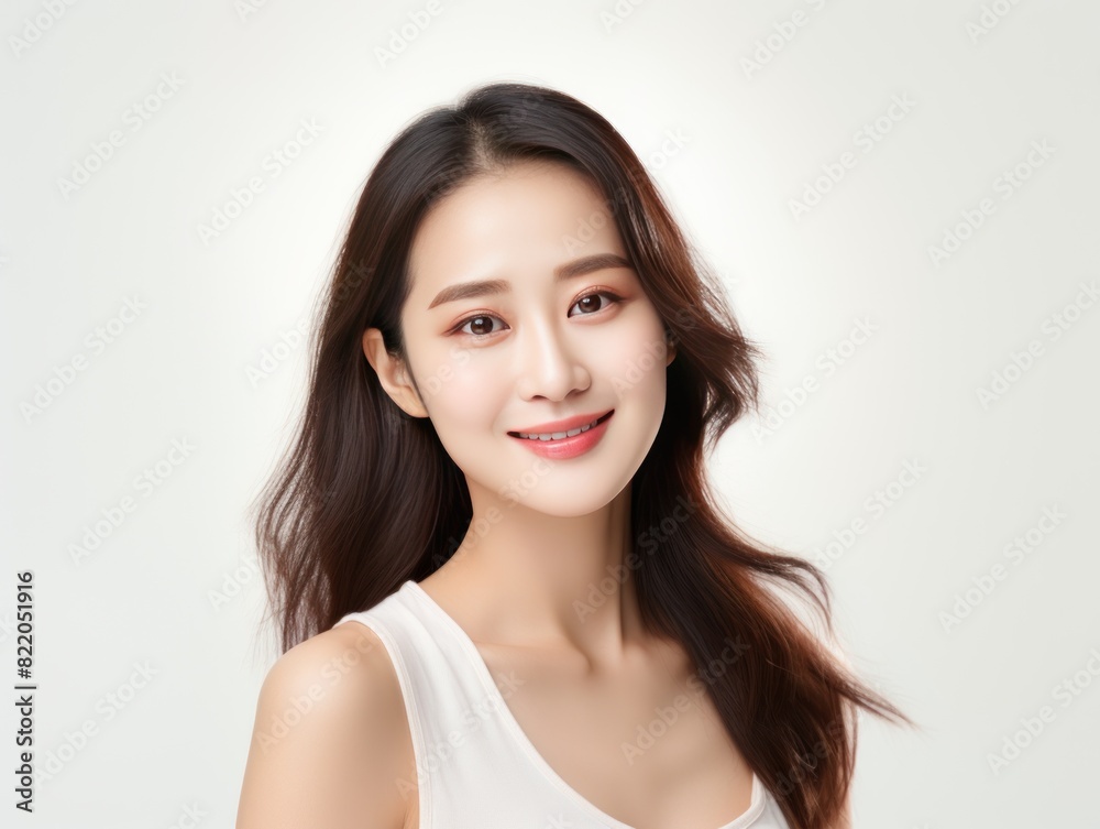 Cream background Happy Asian Woman Portrait of young beautiful Smiling Woman good mood Isolated on Background Skin Care Face Beauty Product Banner 