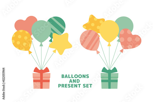 Pastel colored illustration set of many colorful balloons and presents