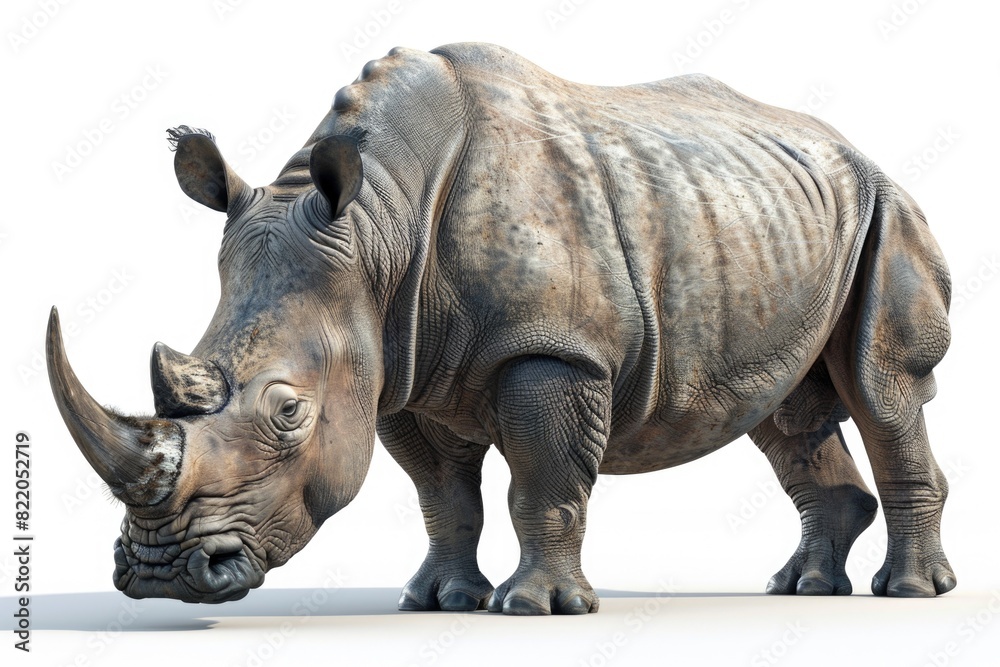 Fototapeta premium Powerful rhinoceros standing on a white background. Perfect for wildlife and conservation projects