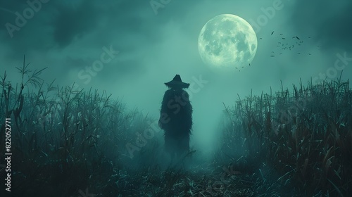 Moonlit Sentinel A Scarecrow Standing Vigil in a Cornfield at Night photo