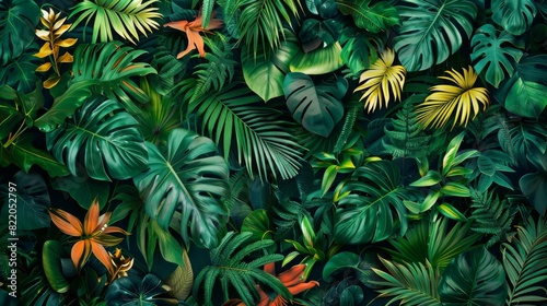Bold tropical pattern background with lush greenery and exotic motifs  reminiscent of a tropical paradise.
