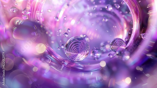 Purple abstract background with water droplets and bubbles in the center, perfect for beauty and art themes
