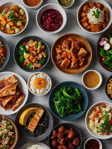 Assorted Healthy Meals Displayed from a Bird's Eye Perspective