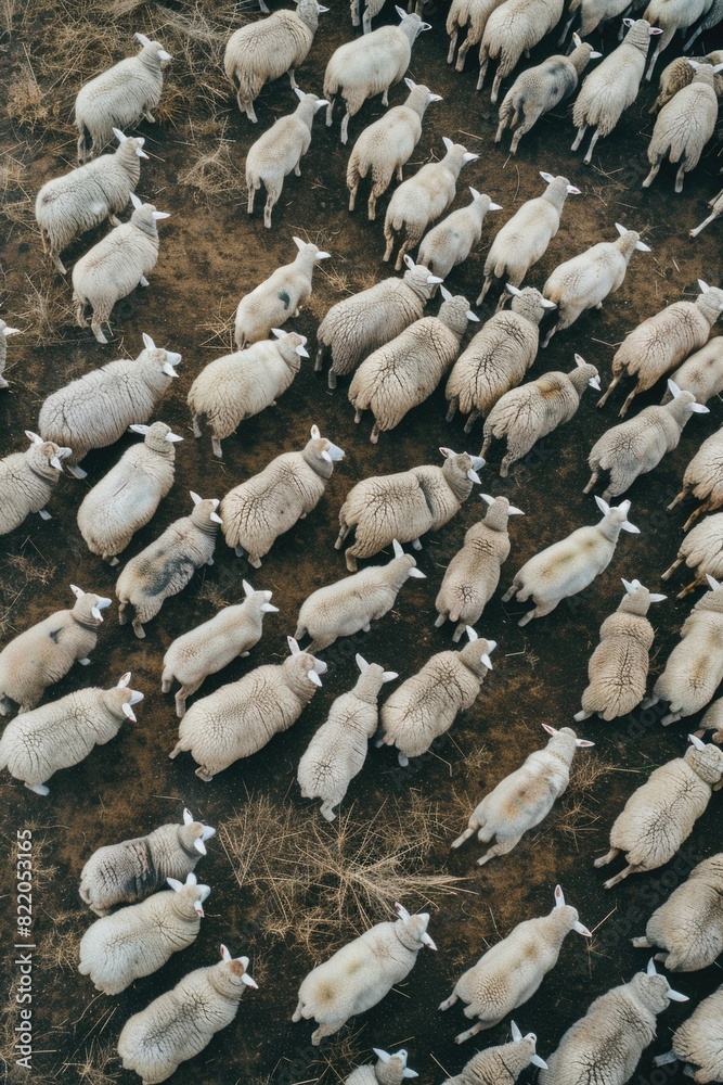A herd of sheep on a dry grass field. Suitable for agricultural concepts