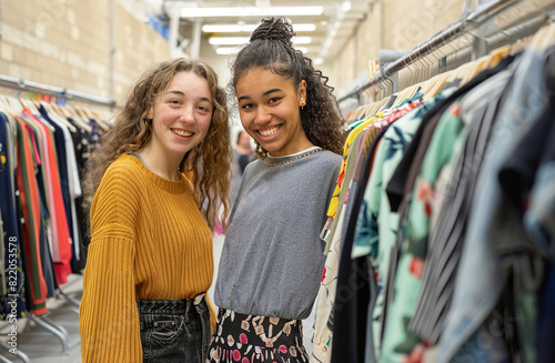 Students participating in clothing swap event, supporting circular economy by recycling fashion. photo