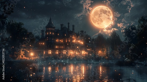 Spooky Halloween Mansion on a Moonlit Autumn Night Exuding Haunting Atmosphere photo