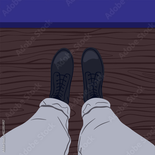 Legs selfie. Top view. Travel blogger legs selfie in shoes. Blogger lifestyle concept. Real estate vector concept, frames for social network.