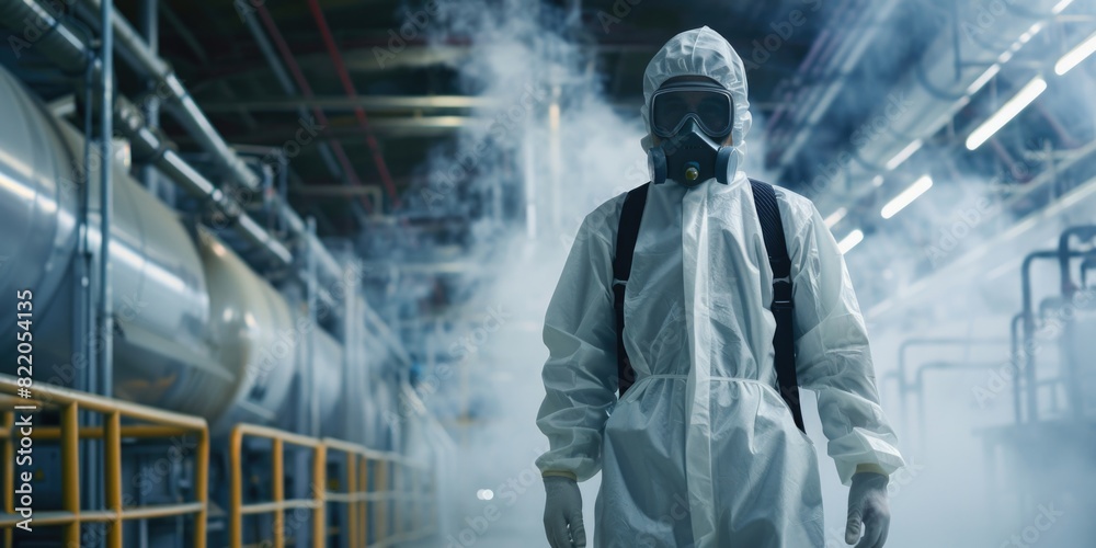 A man wearing a protective suit and gas mask. Suitable for industrial, safety, and hazardous environment concepts