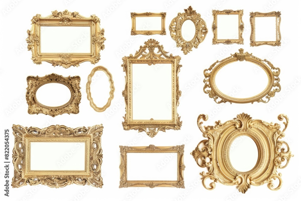 Collection of ornate gold frames on a white background. Perfect for adding elegance to any design project
