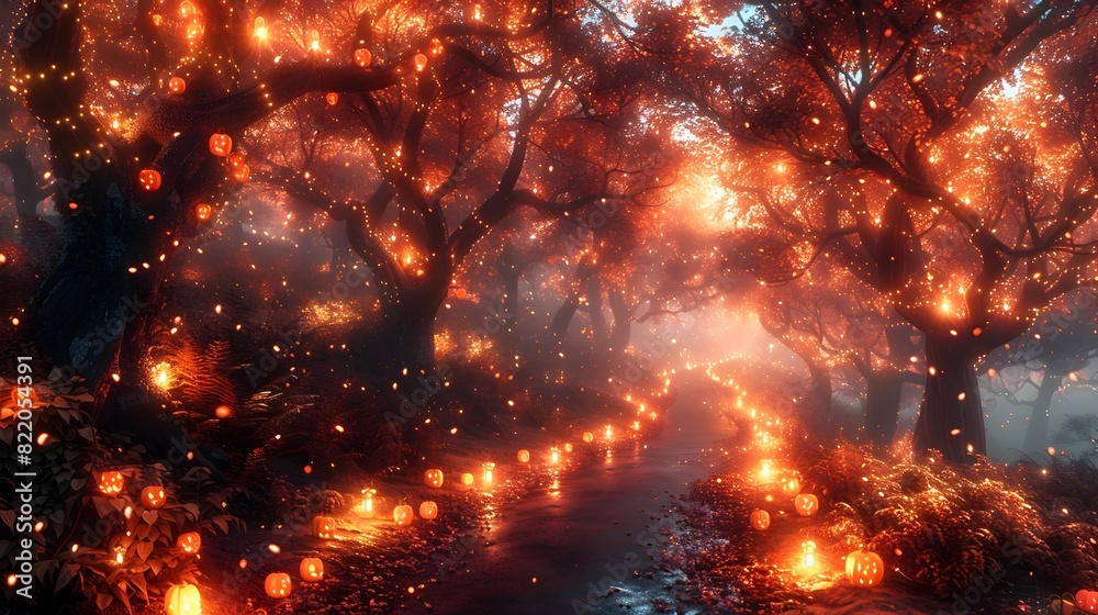Naklejka premium TrickorTreating through an Enchanted Forest A Magical Halloween Adventure