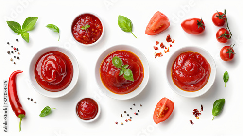 Collage of tasty ketchup in different bowls isolated o