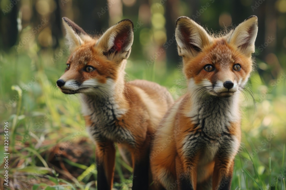 Two foxes standing on a vibrant green field, suitable for nature and wildlife themes