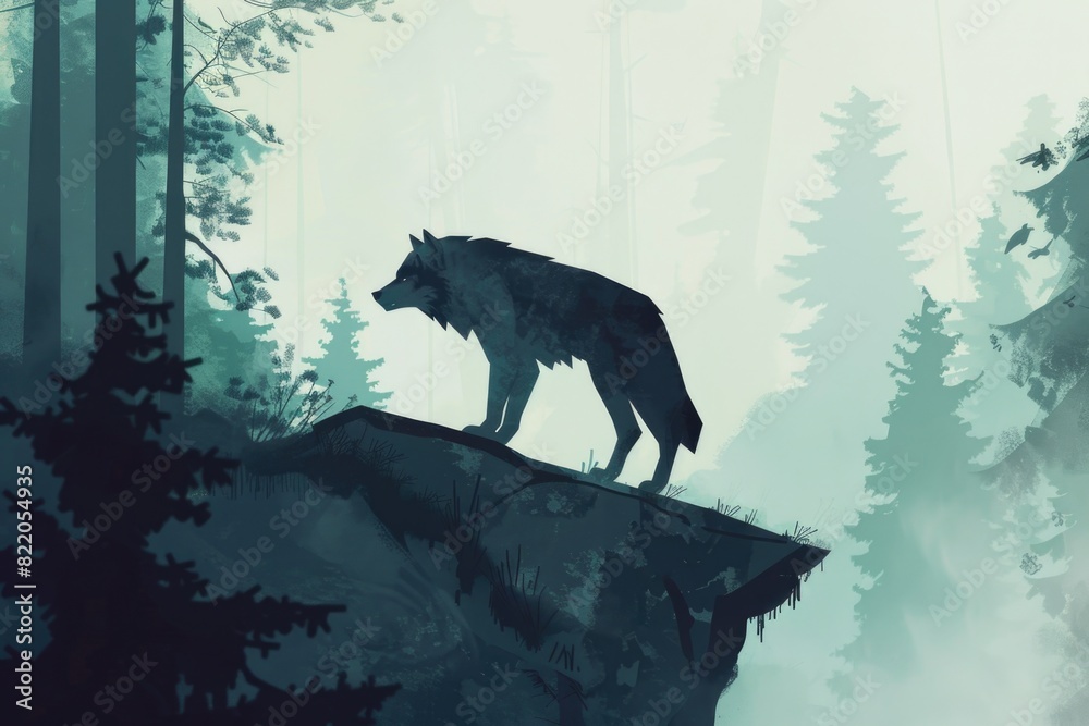 Lone wolf standing on rock in forest. Suitable for nature and wildlife themes Lone wolf standing on rock in forest. Suitable for nature and wildlife themes