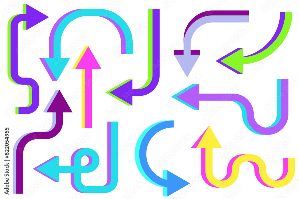 Dynamic arrows doodle set. Various playful arrow. Colorful swirl marker forms, pointing vector isolated elements for presentation