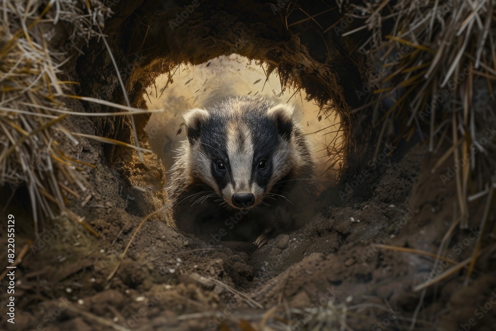 Obraz premium A small badger is peeking out of a hole. Suitable for nature and animal themes