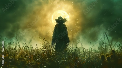 Vigilant Sentinel of Harvest Time A Scarecrow in the Moonlit Cornfield photo