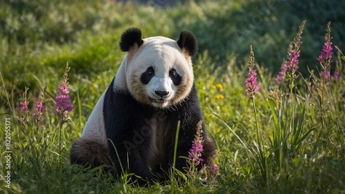 Amidst lush greenery, panda sits, surrounded by tall, blooming purple flowers under soft light of sun. Contrast of black, white fur with vibrant colors of nature striking. Environment exudes serenity.