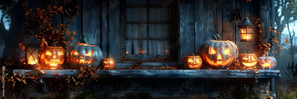Warm Autumn Nights Jackolanterns Glowing on a Porch during All Hallows Eve Warm Autumn Nights Jackolanterns Glowing on a Porch during All Hallows Eve
