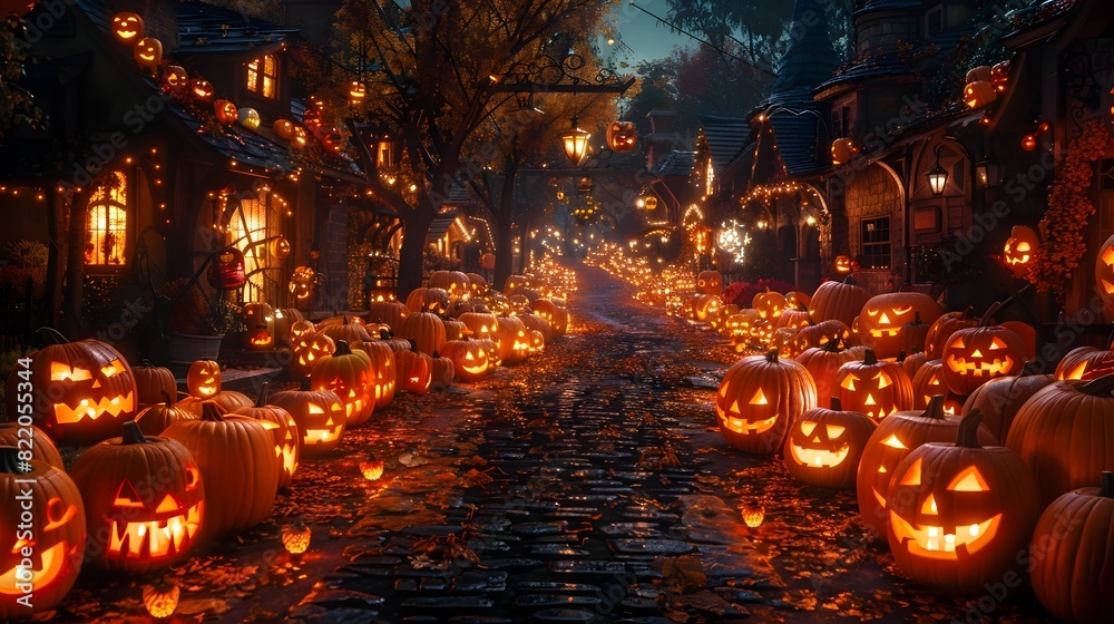 Obraz premium Whimsical Halloween Night Children in Costumes Gather Candy from Carved Pumpkin Decorated Doorsteps in Festive Neighborhood